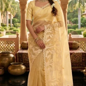 Yellow Elegance Pure Organza Saree with Thread Embroidery