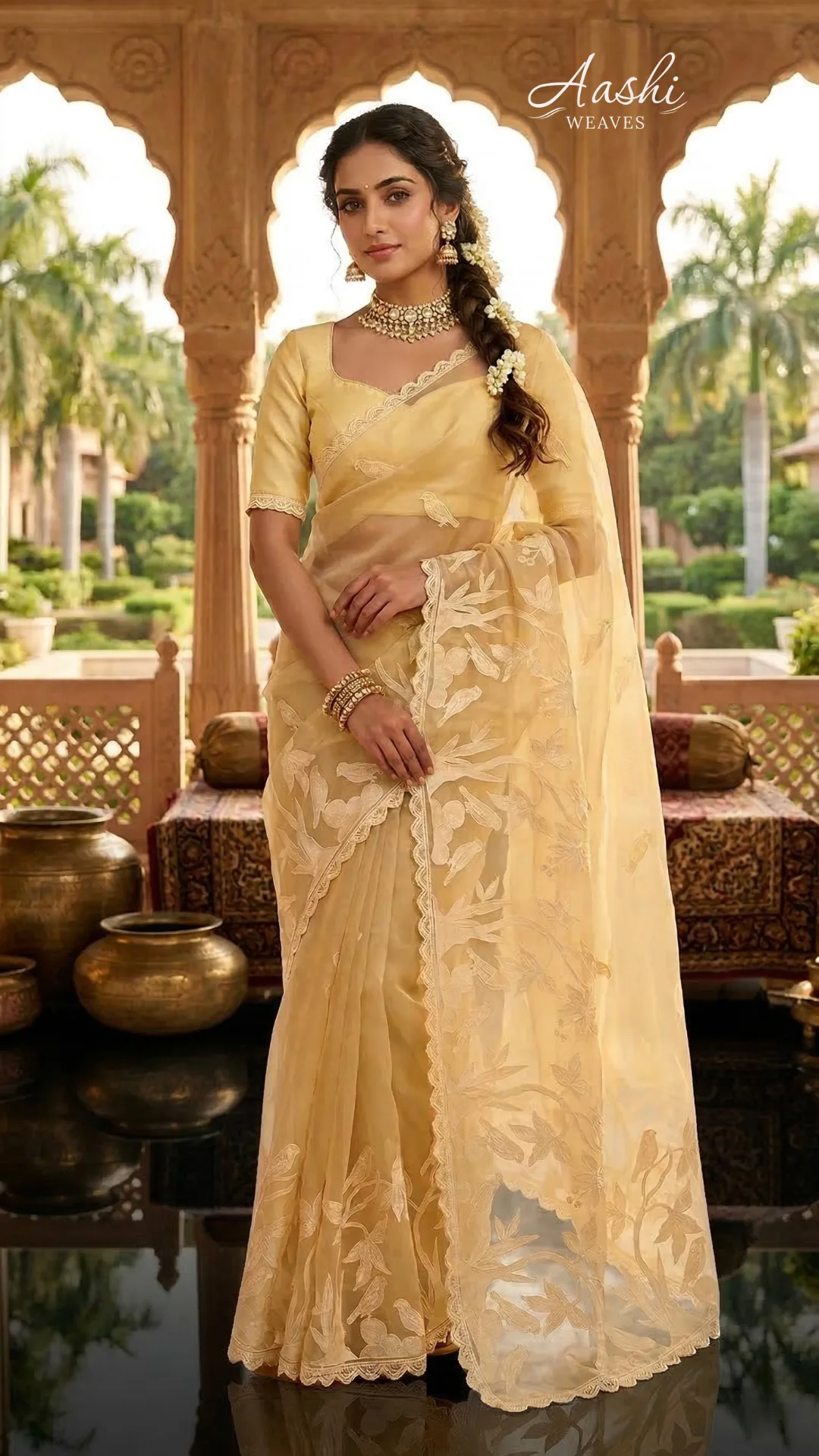 Yellow Elegance Pure Organza Saree with Thread Embroidery