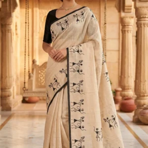Beige Linen Cotton Digital Print Saree with Worli Art Design