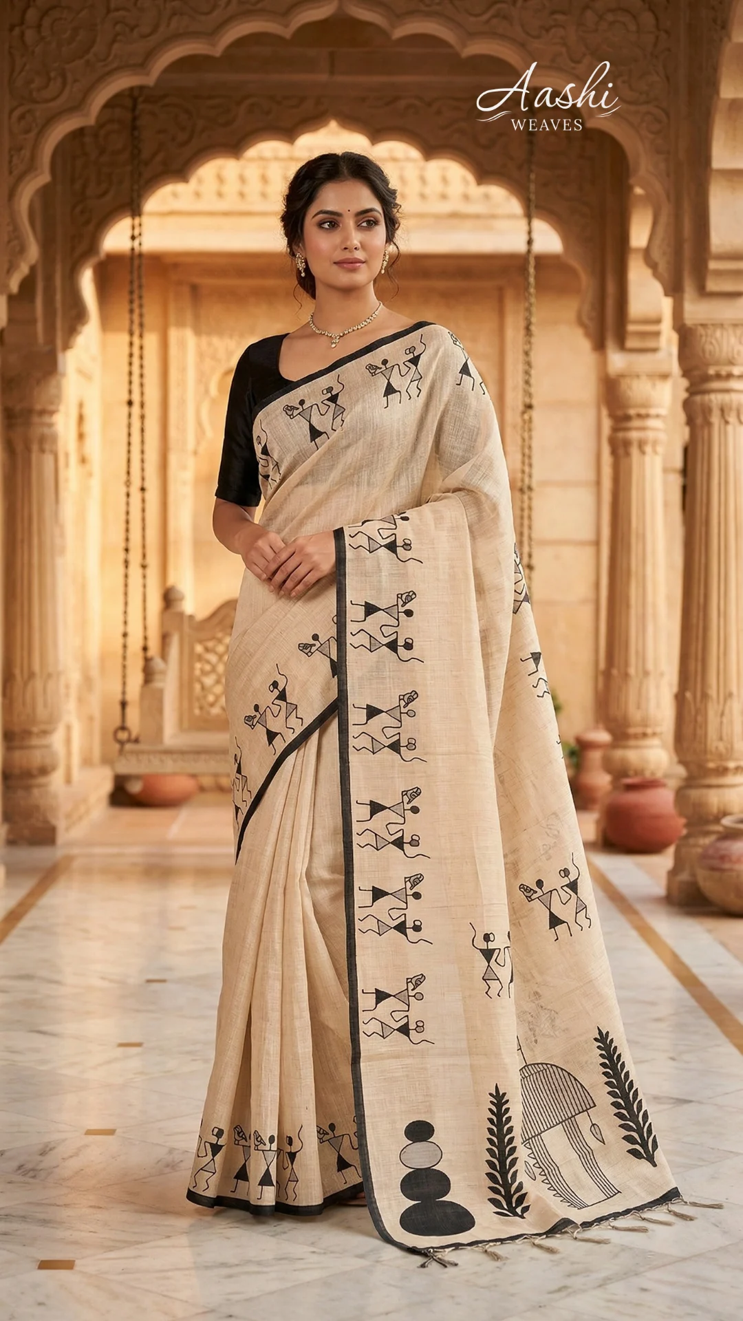 Beige Linen Cotton Digital Print Saree with Worli Art Design