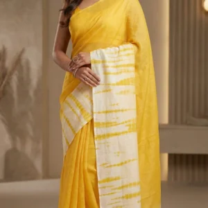 Sunshine Yellow Linen Cotton Digital Print Saree with Elegant Tie-Dye Pallu