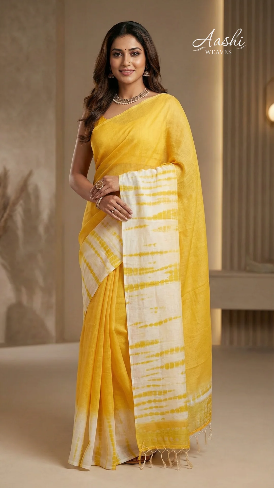 Sunshine Yellow Linen Cotton Digital Print Saree with Elegant Tie-Dye Pallu