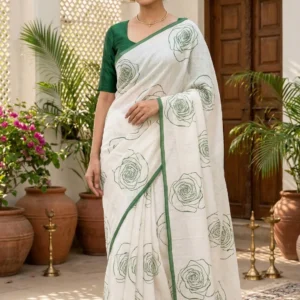 White Linen Cotton Digital Print Saree with Green Floral Design