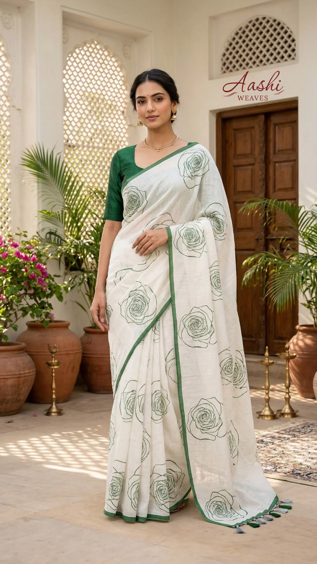 White Linen Cotton Digital Print Saree with Green Floral Design