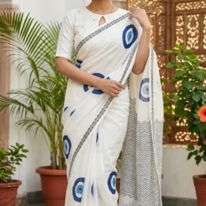 Classic Ivory Linen Cotton Saree with Indigo Motifs