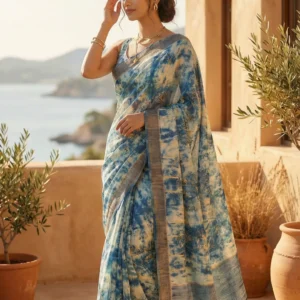 Serene Ocean Blue Assam Silk Saree with Abstract Tie-Dye Textures and Zari Border