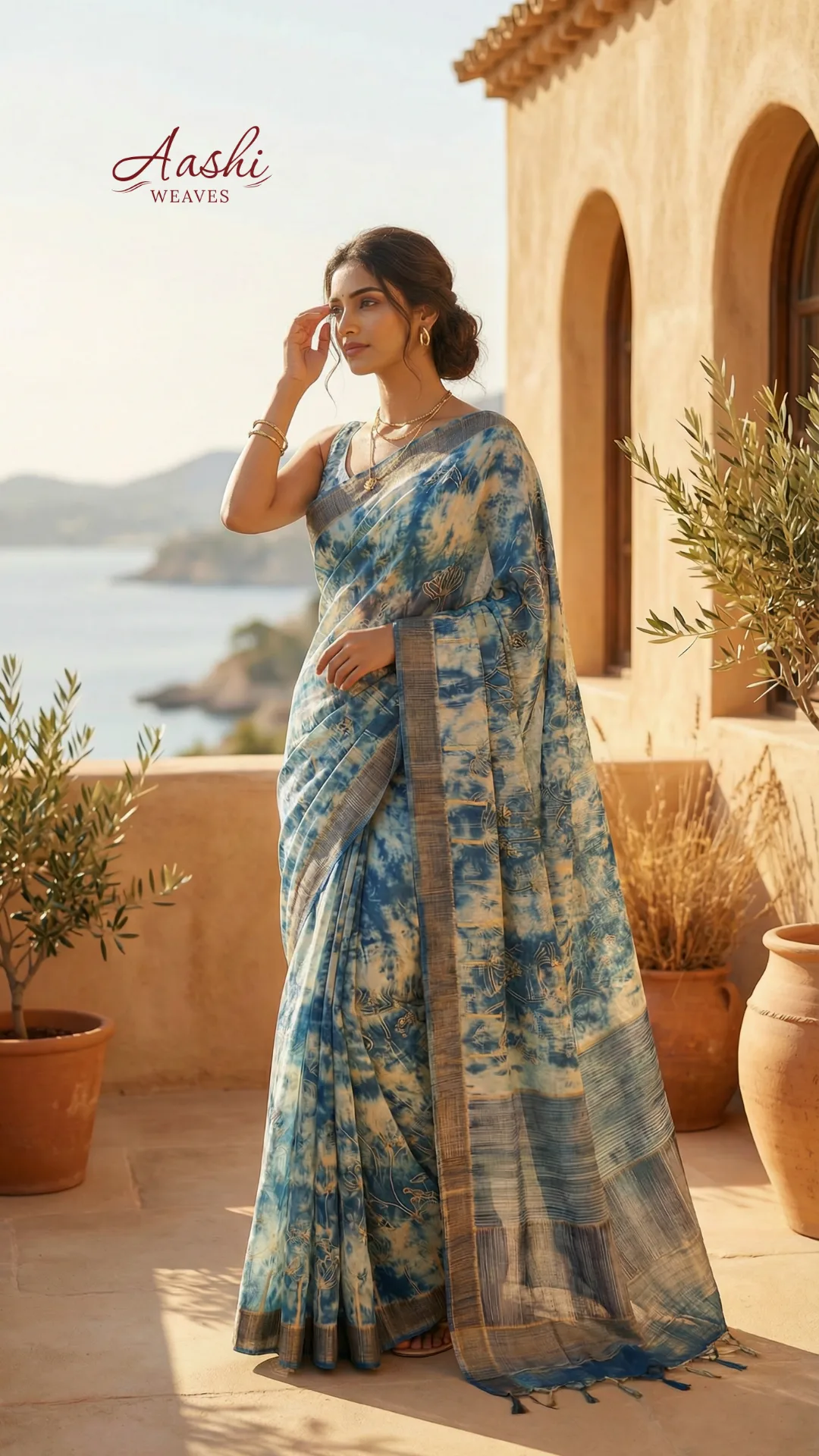 Serene Ocean Blue Assam Silk Saree with Abstract Tie-Dye Textures and Zari Border