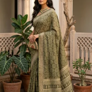 Elegant Olive Green Assam Silk Saree with Traditional Ajrakh-Inspired Prints & Geometric Border
