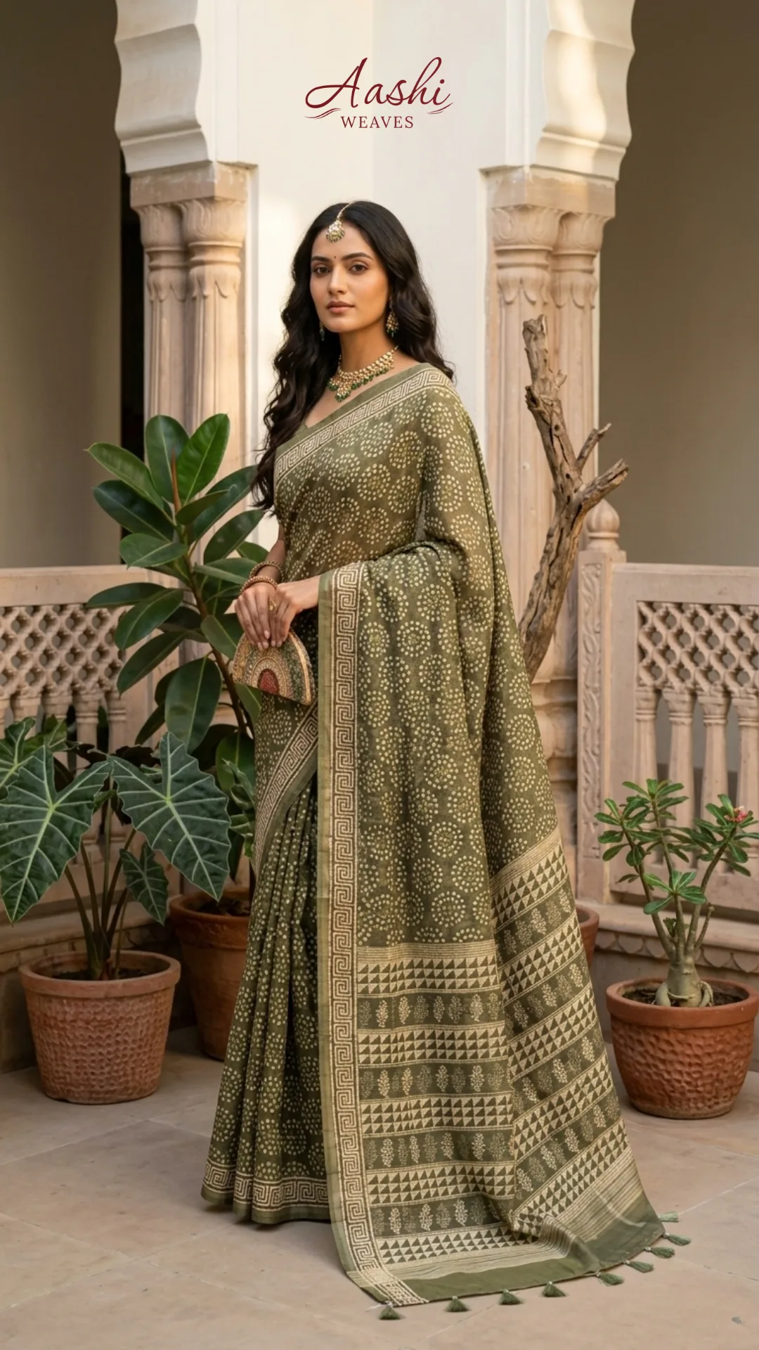 Elegant Olive Green Assam Silk Saree with Traditional Ajrakh-Inspired Prints & Geometric Border