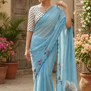 Serene Sky Georgette Saree with Floral Print