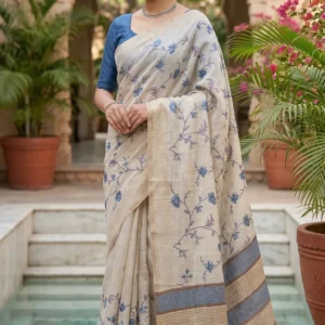 Elegant Cream Chanderi Cotton Saree with Blue Floral Vine Prints and Striped Border
