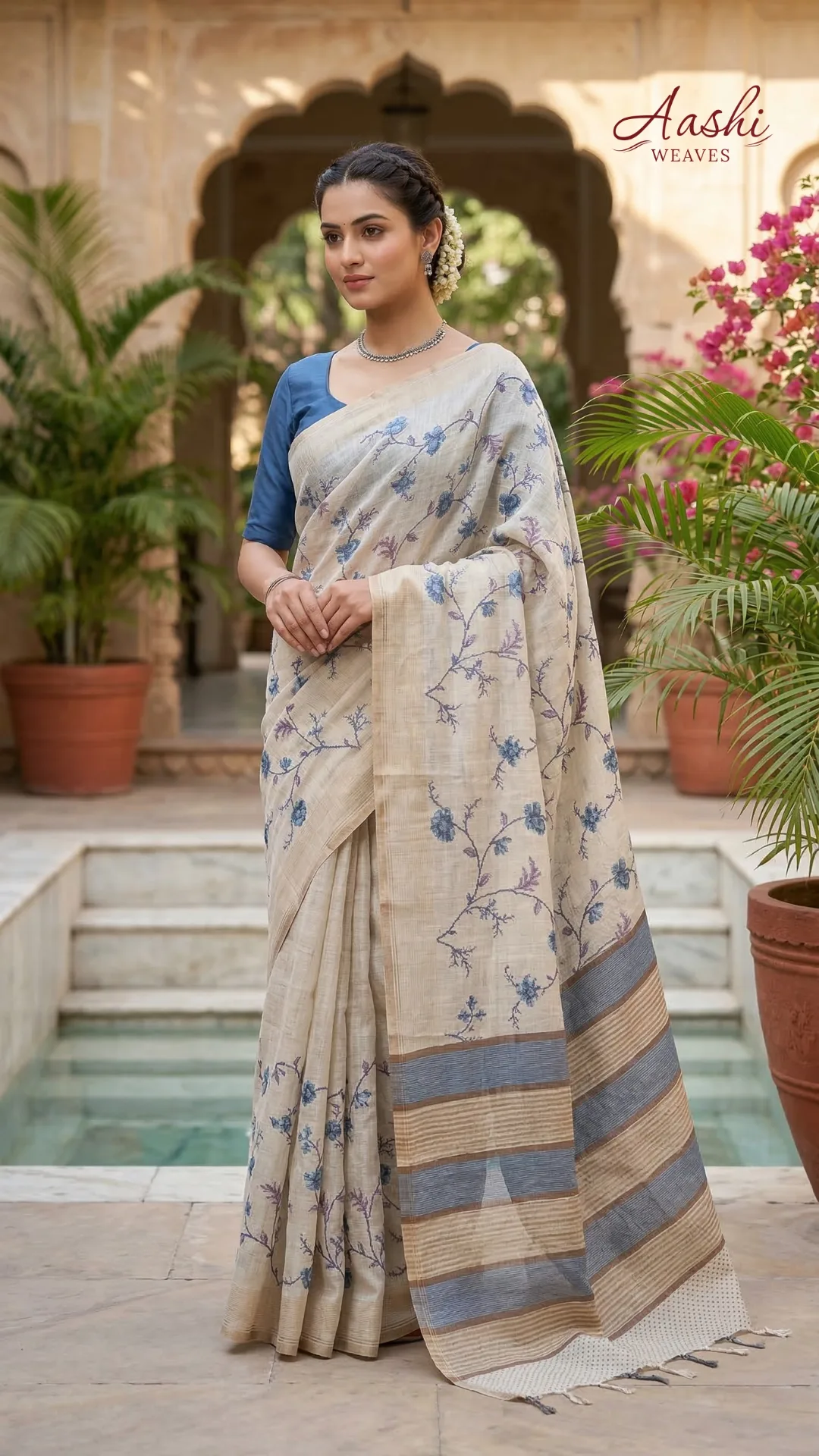 Elegant Cream Chanderi Cotton Saree with Blue Floral Vine Prints and Striped Border