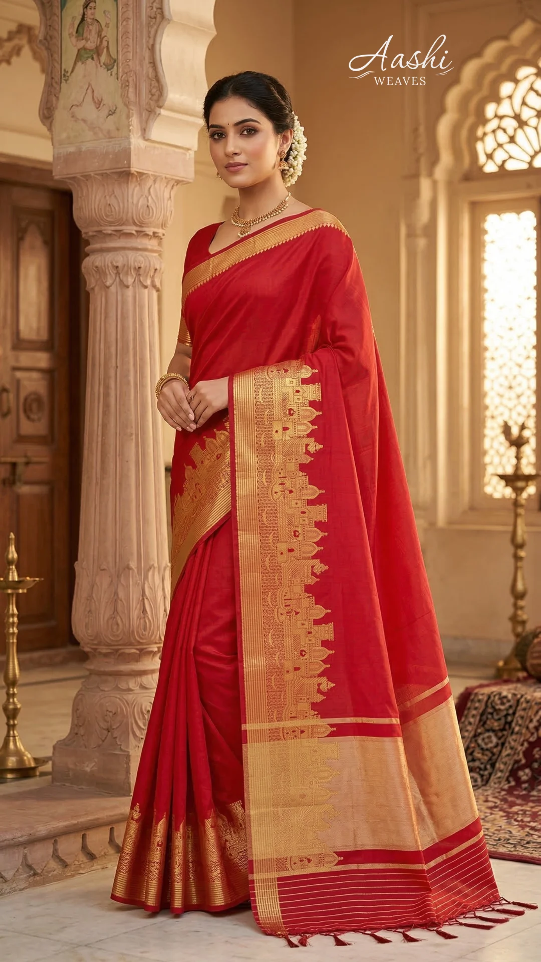 Royal Crimson Crape Silk Saree with Gold Weaving