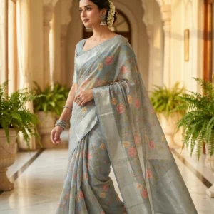 Ethereal Powder Blue Chanderi Silk Saree with Pastel Floral Prints & Rich Silver Zari Border