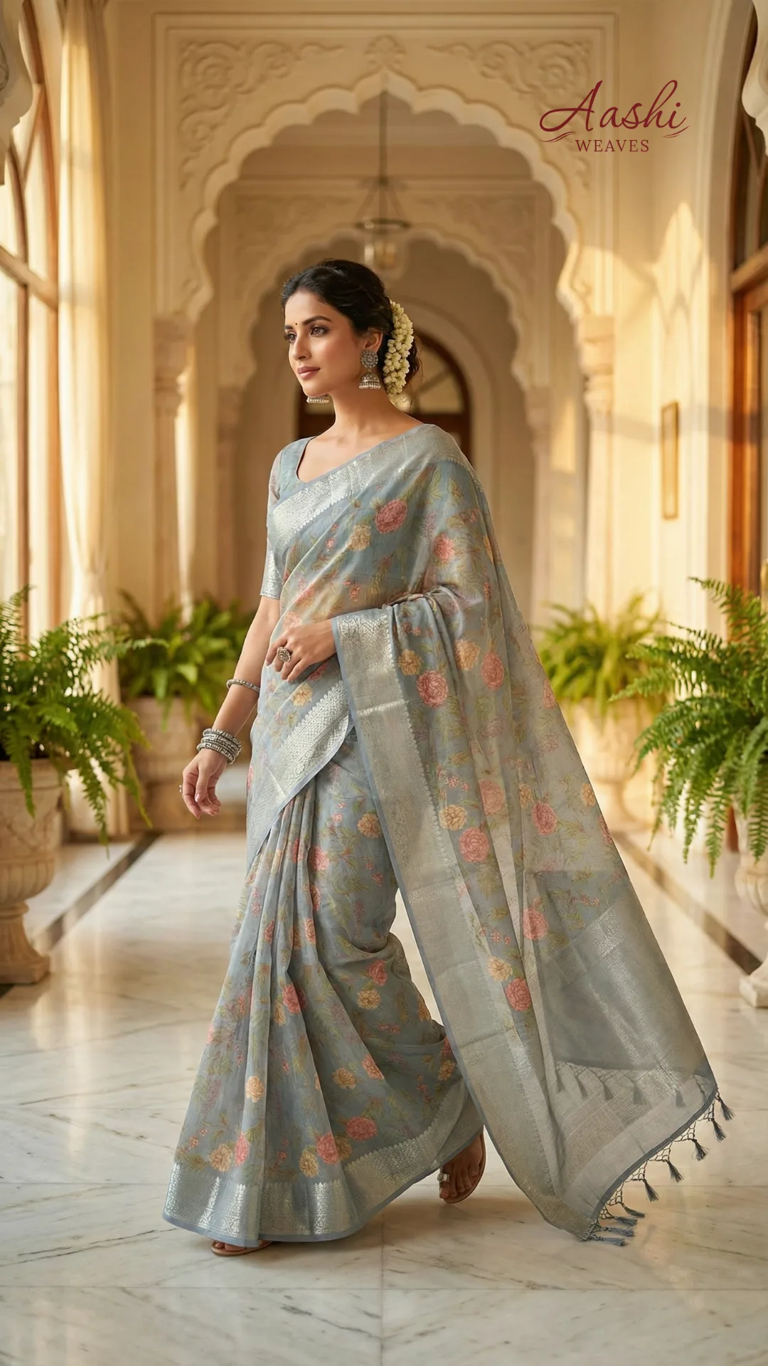 Ethereal Powder Blue Chanderi Silk Saree with Pastel Floral Prints & Rich Silver Zari Border