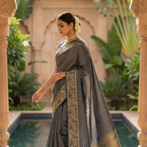 Royal Midnight Blue Mal Chanderi Saree with Ornate Gold Zari Weave and Heritage Border