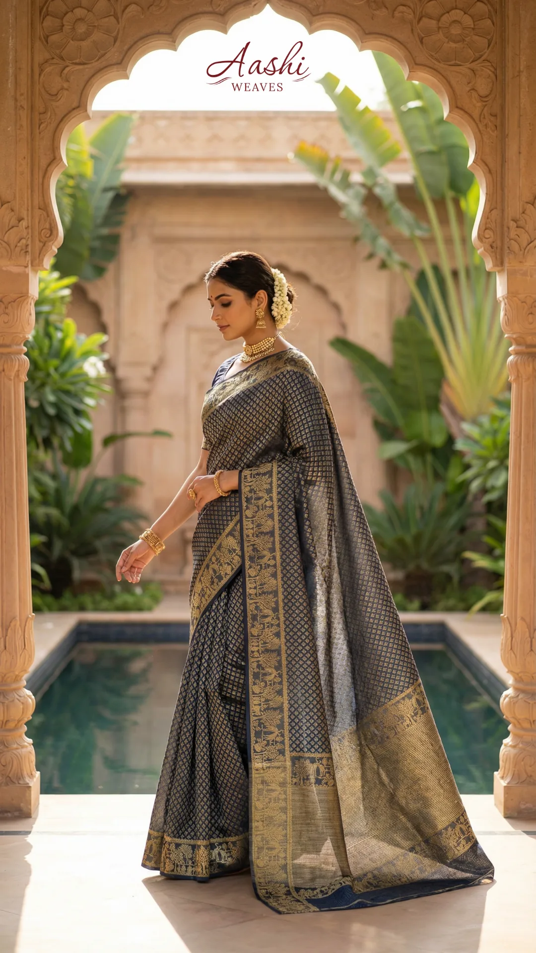 Royal Midnight Blue Mal Chanderi Saree with Ornate Gold Zari Weave and Heritage Border