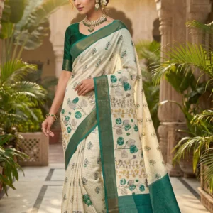 Ivory Crape Silk Saree with Emerald Green Accents and Artistic Foliage Prints