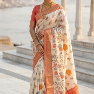 Radiant Peach Chanderi Silk Saree with Floral Vine Prints and Traditional Zari Border